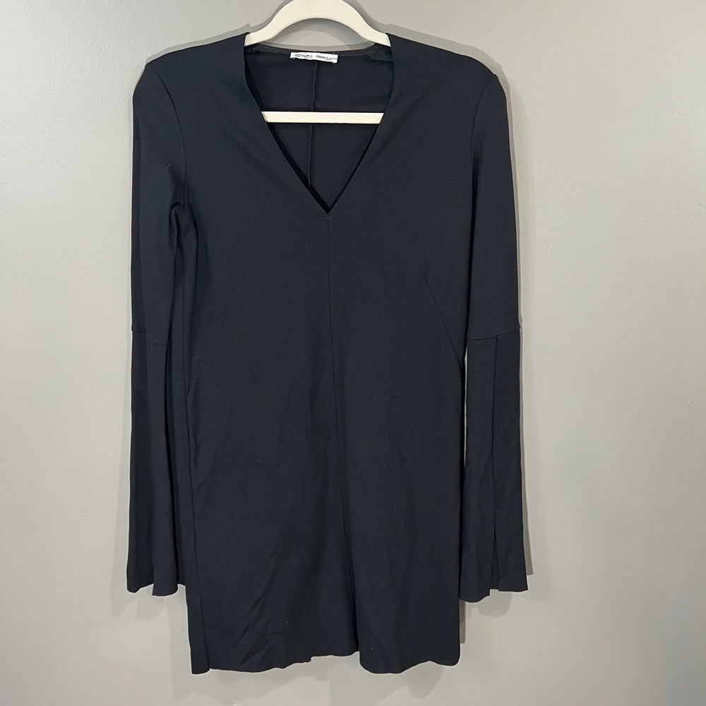 Zara Mini Dress Womens Small S Black Great V-Neck Bell Sleeve Split Cuff TRF